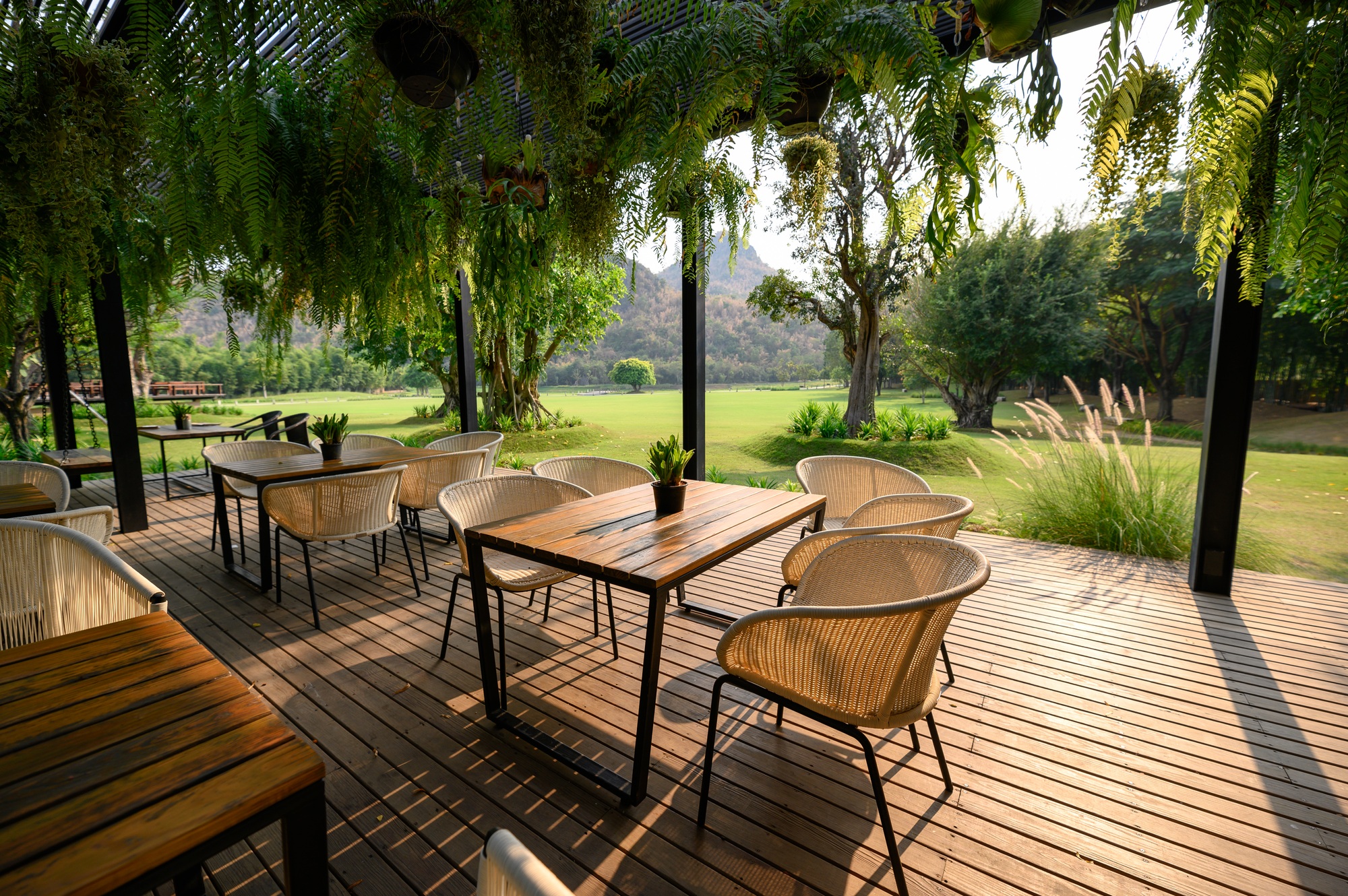 Wooden chair with table on patio